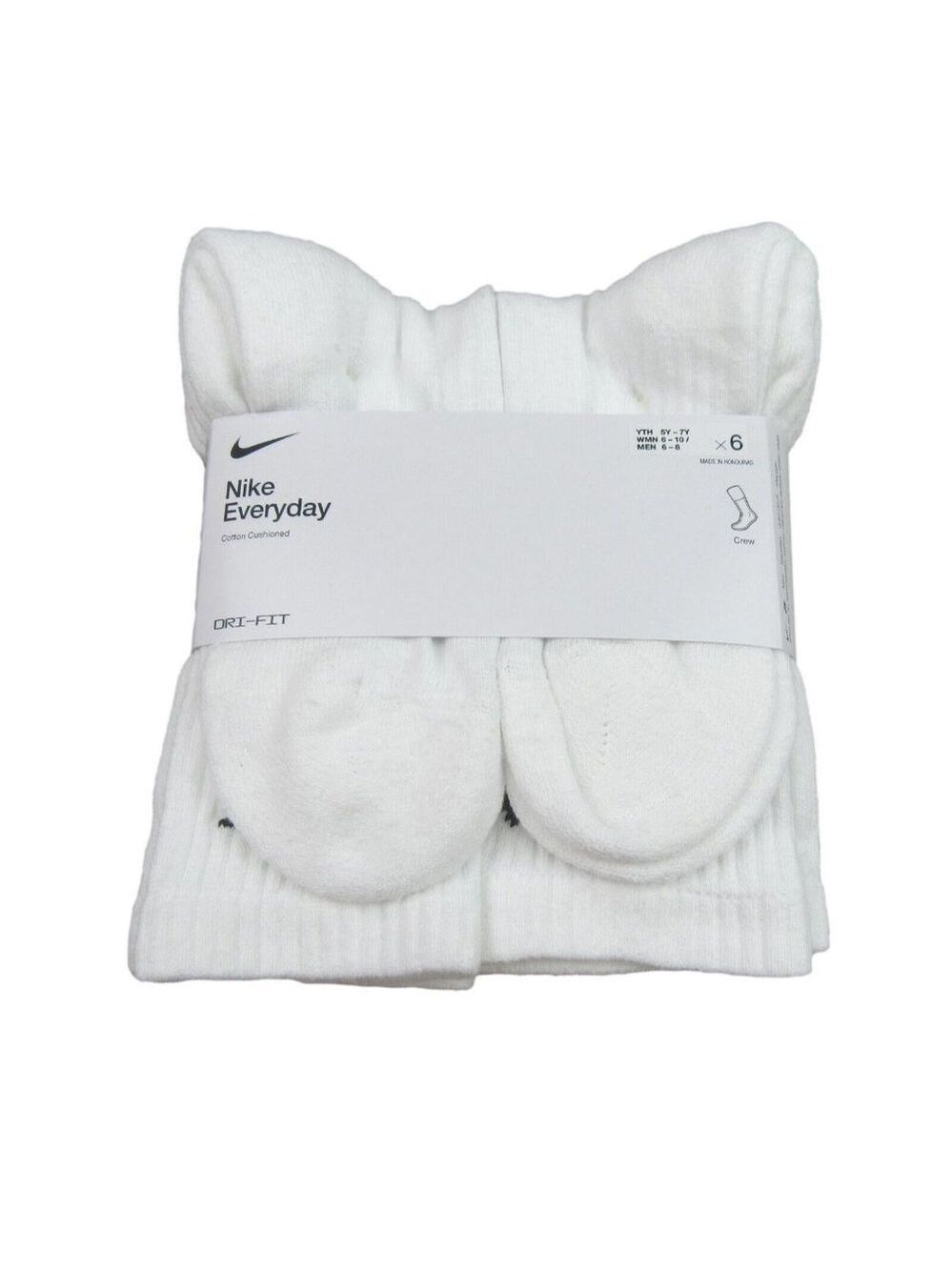 Nike Everyday Cushion Crew Socks White 6 Pack Women's 6-10 / Youth 5Y-7Y NEW